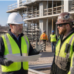 Construction safety professional discussing jobsite safety with two workers at a Maryland construction site.