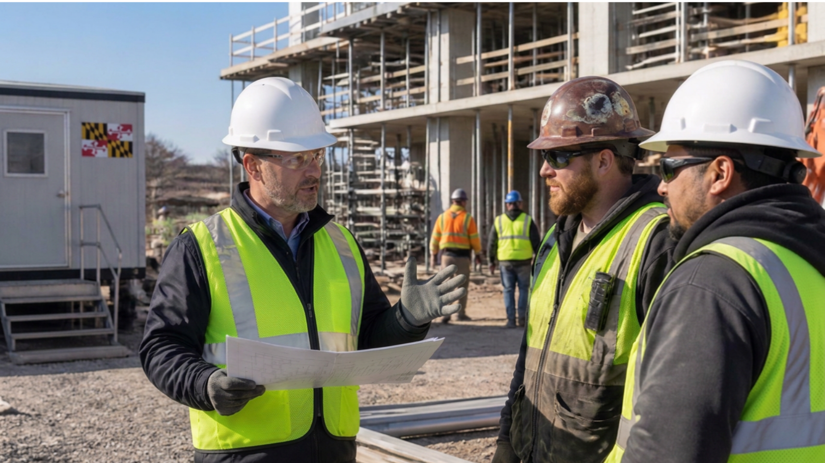 Construction safety professional discussing jobsite safety with two workers at a Maryland construction site.